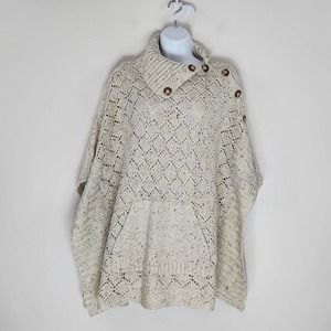 Democracy Knit Poncho Cowl Neck Pullover Kangaroo Pocket Beige Size M